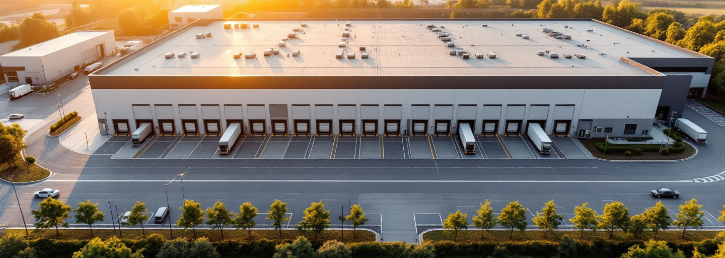 Aerial view of a large distribution warehouse at golden hour — a long tilt-up building with a row of loading docks, a concrete truck court with staged trailers, trailer parking, and a fenced yard.